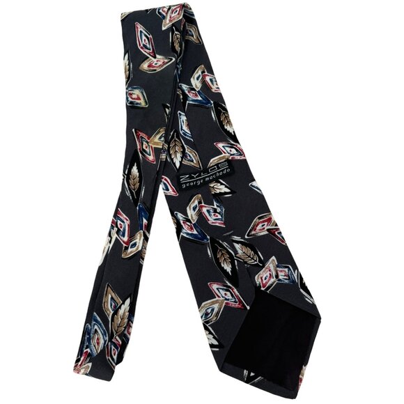 Zylos George Machado Mens Tie  Italian Silk Black Leaf Diamond Pattern - Picture 3 of 4